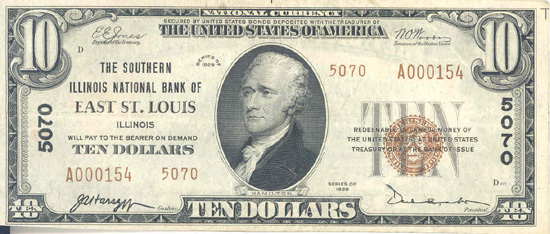 1929 $10.00. East St. Louis, IL Ty. 2. VF.