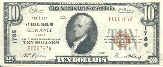 1929 $10.00. Kewanee, IL Ty. 1. XF.