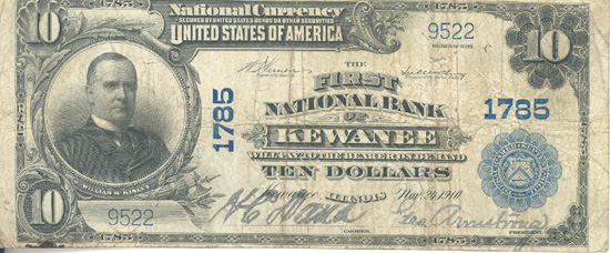 1902 $10.00. Kewanee, IL Blue Seal. F.