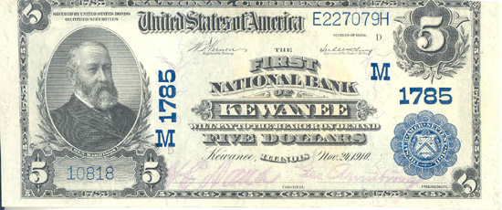 1902 $5.00. Kewanee, IL Blue Seal. VF.