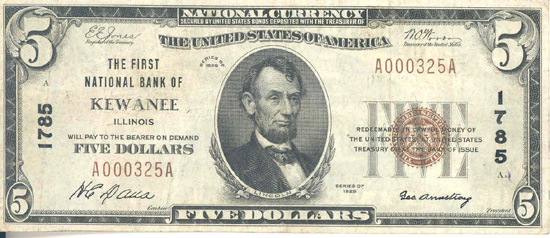 1929 $5.00. Kewanee, IL Ty. 1. F.