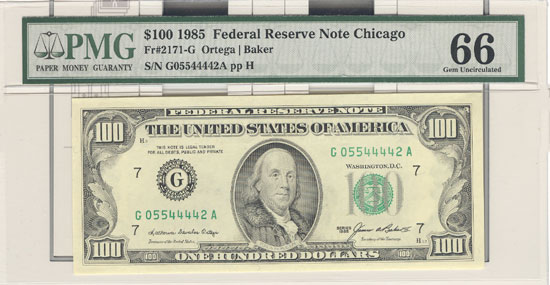 1985 $100.00 Chicago.  PMG GemCU-66.