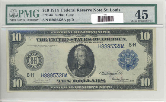 1914 $10.00 St. Louis.  Blue Seal. PMG XF-45.