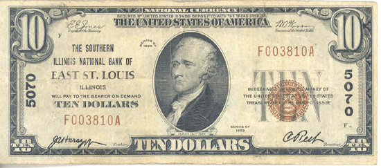 1929 $10.00. East St. Louis, IL Ty. 1. F.