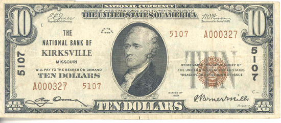 1929 $10.00. Kirkville, MO Ty. 2. F.