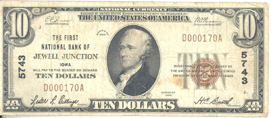 1929 $10.00. Jewell Junction, IA Ty. 1. F.
