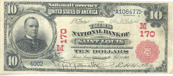 1902 $10.00. Saint Louis, MO Red Seal. VF.