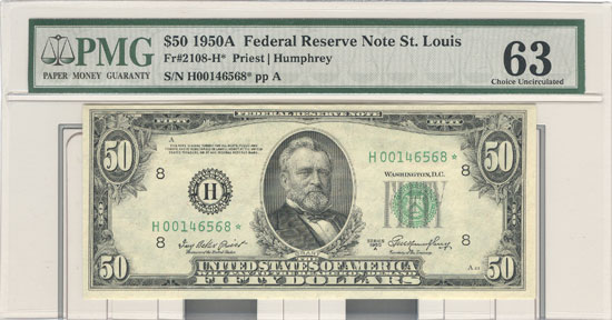 1950-A $50.00 St. Louis Star.  PMG CU-63.