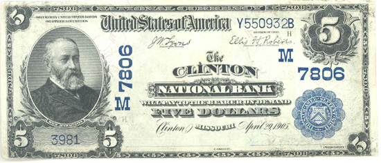 1902 $5.00. Clinton, MO Blue Seal. F.