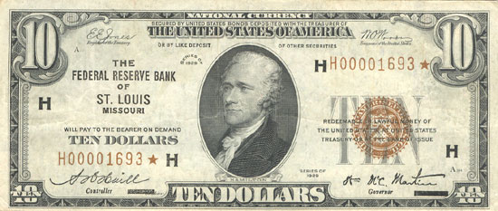 1929 $10.00 St. Louis Star.  VF.