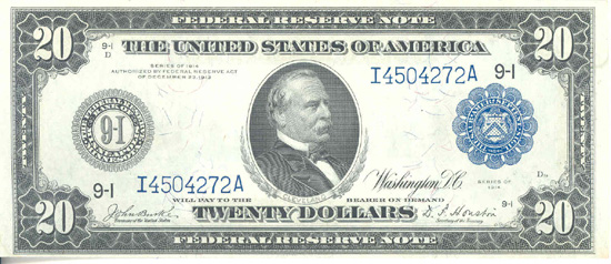 1914 $20.00 Minneapolis.  Blue Seal. CHCU.