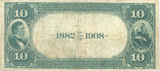 1882 $10.00. St. Louis, MO Date Back. F.