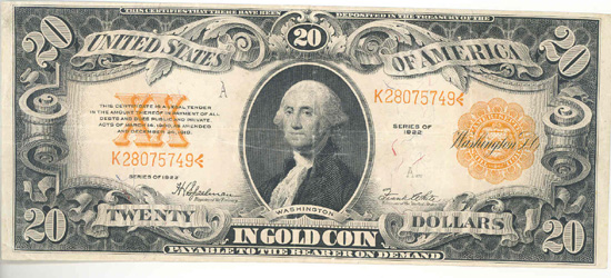 1922 $20.00.  VF.