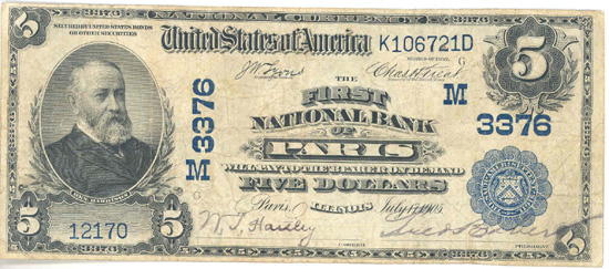 1902 $5.00. Paris, IL Blue Seal. F.