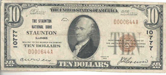 1929 $10.00. Staunton, IL Ty. 1. F.