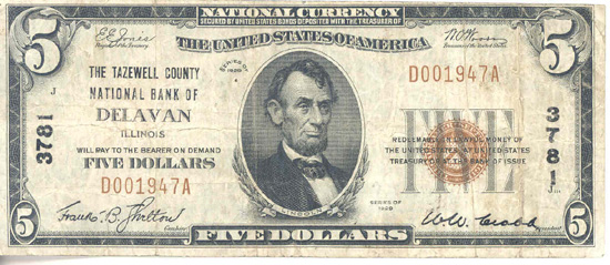 1929 $5.00. Delavan, IL Ty. 1. F.