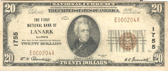 1929 $20.00. Lanark, IL Ty. 1. VF.