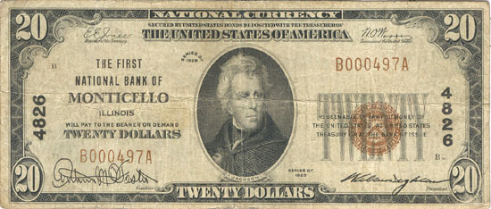 1929 $20.00. Monticello, IL Ty. 1. F.