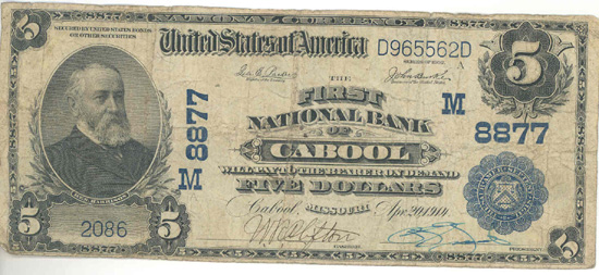 1902 $5.00. Cabool, MO Blue Seal. F.