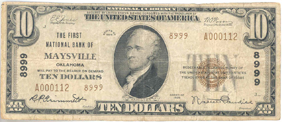 1929 $10.00. Maysville, OK Ty. 2. F.