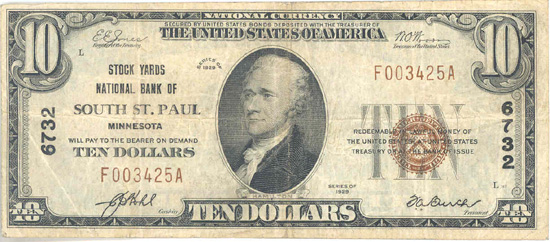 1929 $10.00. South St. Paul, MN Ty. 1. F.