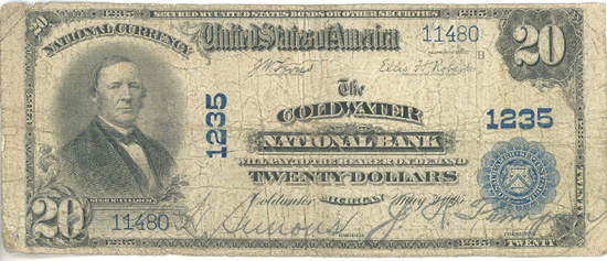 1902 $20.00. Coldwater, MI Blue Seal. Good.