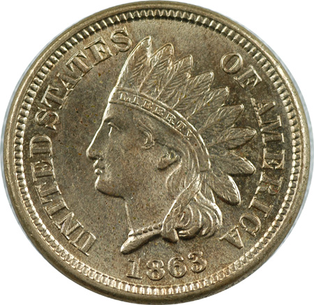 Four 1863 Indian Head Copper-Nickel Cents. MS-60+.