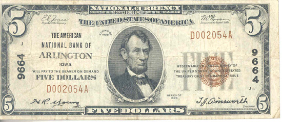 1929 $5.00. Arlington, IA Ty. 1. F.