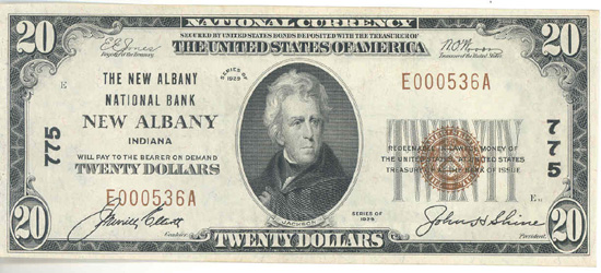 1929 $20.00. New Albany, IN Ty. 1. AU.