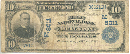 1902 $10.00. Wellston, MO Blue Seal. F.