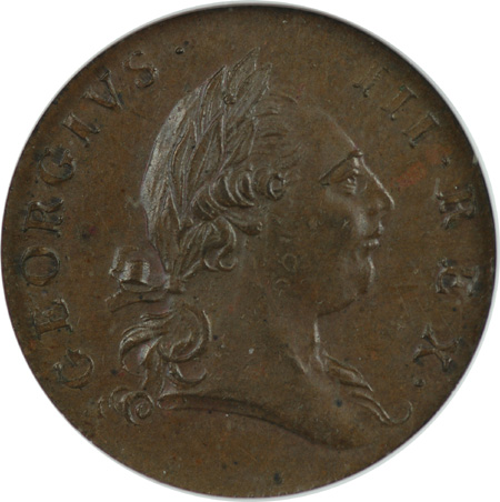 1773 Virginia Halfpenny With Period After Georgivs, Seven Harp Strings, Rarity-4. NGC MS-63 BN.