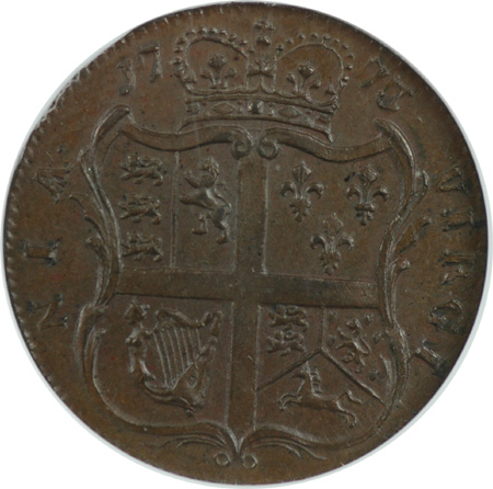 1773 Virginia Halfpenny With Period After Georgivs, Seven Harp Strings, Rarity-4. NGC MS-63 BN.