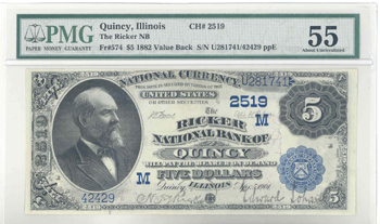 1882 $5.00. Quincy, IL Value Back. PMG AU-55.