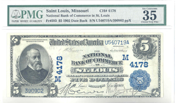 1902 $5.00. St. Louis, MO Blue Seal. PMG VF-35.