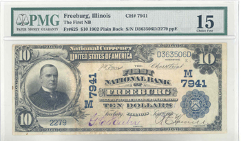 1902 $10.00. Freeburg, IL Blue Seal. PMG F-15.