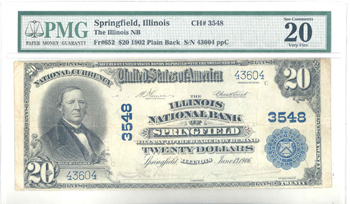 1902 $20.00. Springfield, IL Blue Seal. PMG VF-20.