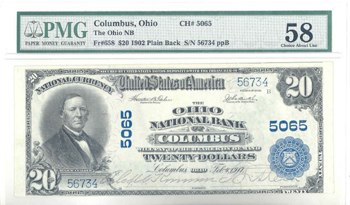 1902 $20.00. Columbus, OH Blue Seal. PMG AU-58.