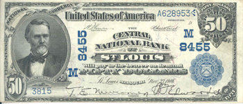 1902 $50.00. St. Louis, Missouri Blue Seal Date Back. XF.