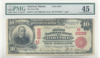 1902 $10.00. Oakford, IL Serial Number 1 Red Seal. PMG XF.