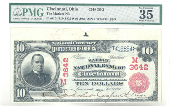 1902 $10.00. Cincinnati, OH Serial Number 1 Red Seal. PMG VF-35.