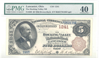 1882 $5.00. Lancaster, OH Brown Back. PMG XF-40.