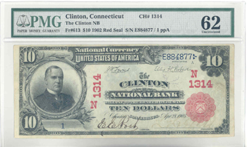 1902 $10.00. Clinton, CT Serial Number 1 Red Seal. PMG CU-62.