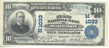 1902 $10.00. Morrison, IL Blue Seal. XF.