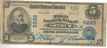 1902 $5.00. Arthur, IL Blue Seal. VG.