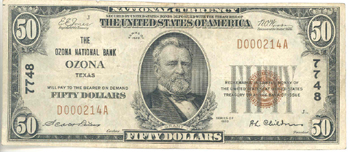 1929 $50.00. Ozona, TX Ty. 1. F.