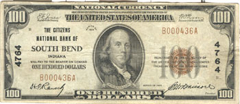 1929 $100.00. South Bend, IN Ty. 1. F.