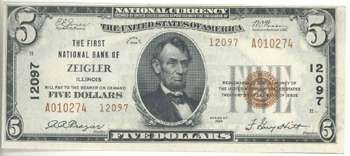 1929 $5.00. Zeigler, IL Ty. 2. CU.