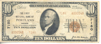 1929 $10.00. Portland, IN Ty. 2. F.