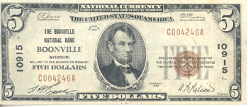 1929 $5.00. Boonville, MO Ty. 1. VF.