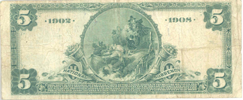 1902 $5.00. Fort Wayne, IN Blue Seal Date Back. F.